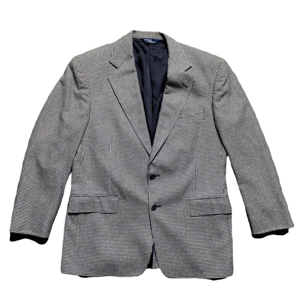 Vintage Polo Ralph Lauren Houndstooth Silk Cotton Mens Sz 41R Black Gray Blazer